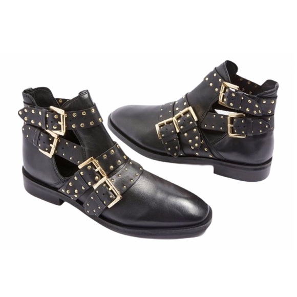 Topshop Shoes - TOPSHOP Ark Booties Black Leather Studs Buckles 7